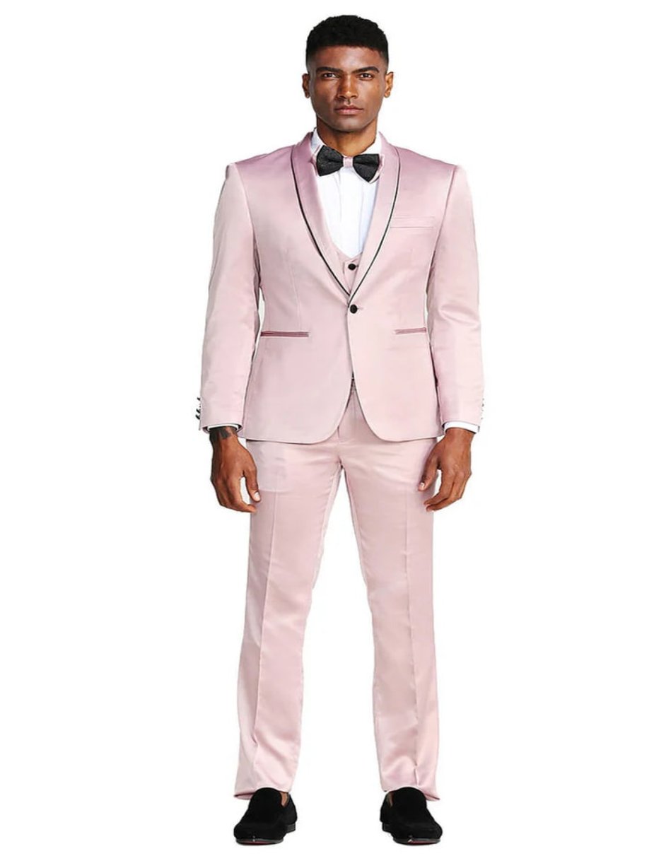 Men's Slim Fit Vested Shiny Satin Prom & Wedding Rose Pink Tuxedo Suit - Men's Tuxedo USA