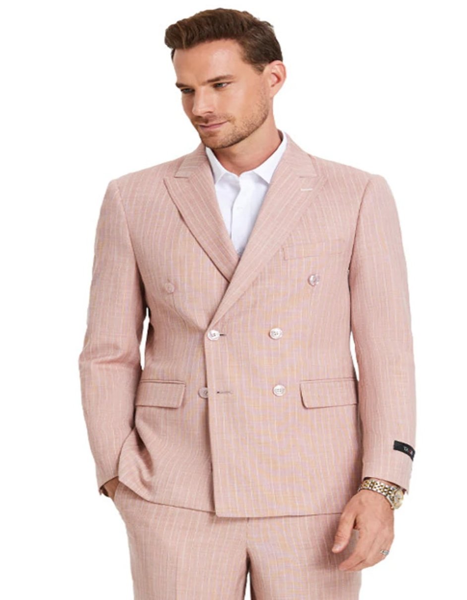 Men's Slim Fit Double Breasted Summer Pastel Rose Pink Pinstripe Suit - Men's Tuxedo USA