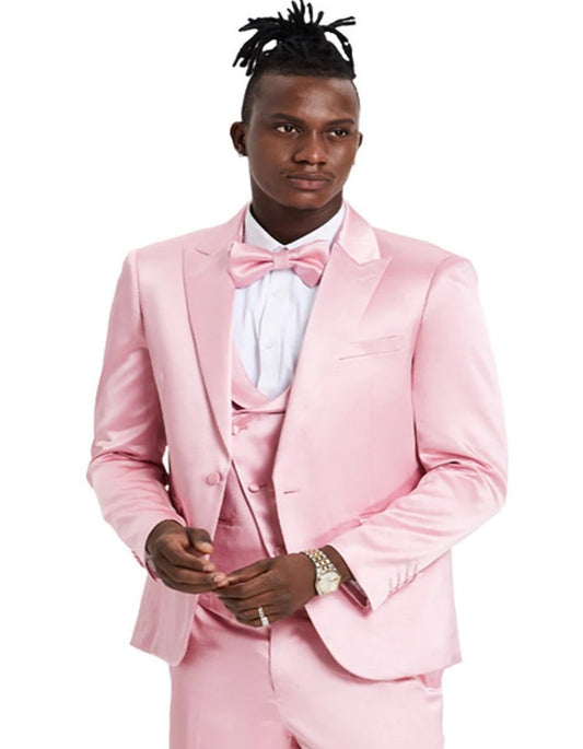 Men's One Button Vested Shiny Satin Sharkskin Prom & Wedding Party Dusty Rose Suit - Men's Tuxedo USA