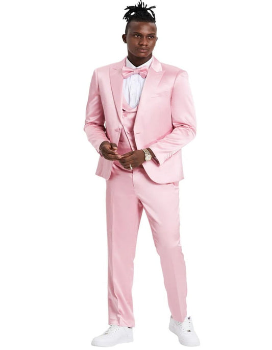 Men's One Button Vested Shiny Satin Sharkskin Prom & Wedding Party Dusty Rose Suit - Men's Tuxedo USA