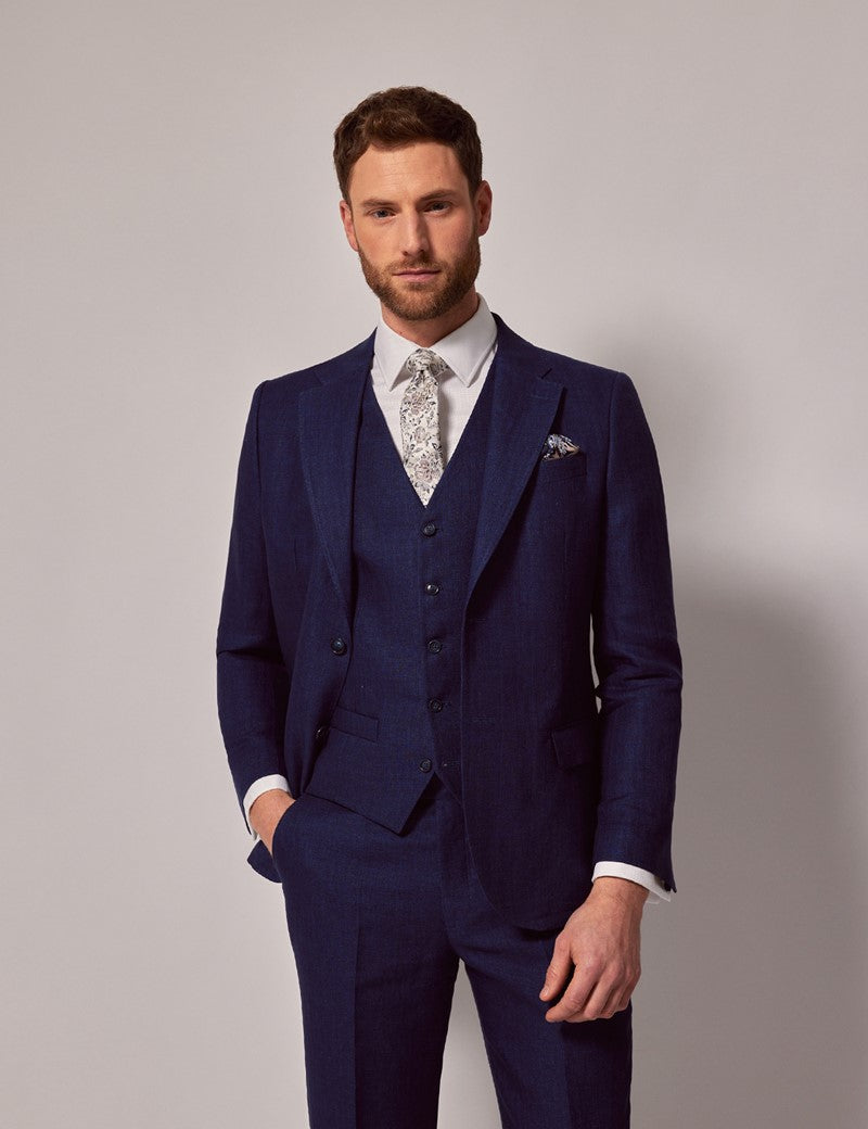 Mens Linen Suit For Beach Wedding - Summer  Suit in Royal Blue Herringbone - Men's Tuxedo USA