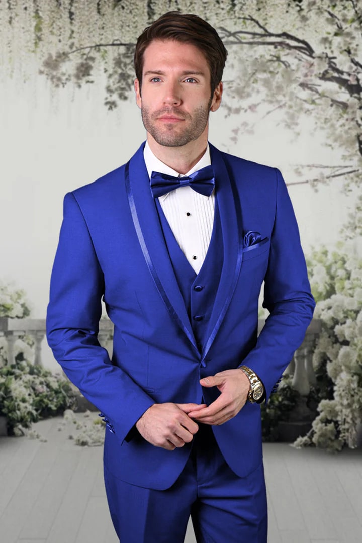 Mens Royal Blue Tuxedo - Men's Vested Satin Trim Shawl Wedding & Prom Royal Blue Tuxedo - Men's Tuxedo USA