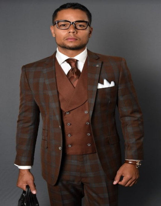 Brown Plaid Suit - Copper - Orange - Rust Color Windowpane Pattern Suit - Wool Suit - Notch Lapel Side Vented Modern Fit - Men's Tuxedo USA