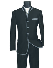 Mens 4 button Mandarin Tuxedo in Sharkskin Black with Grey Trim - Men's Tuxedo USA