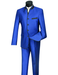 Mens 4 button Mandarin Tuxedo in Sharkskin Royal Blue with Black Trim - Men's Tuxedo USA