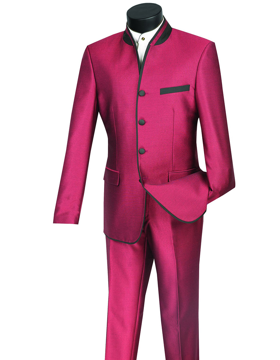 Mens 4 button Mandarin Tuxedo in Sharkskin Burgundy with Black Trim - Men's Tuxedo USA