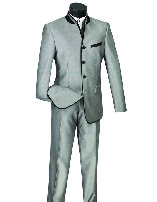 Mens 4 button Mandarin Tuxedo in Sharkskin Silver Grey with Black Trim - Men's Tuxedo USA