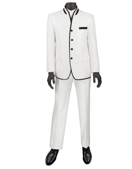 Mens 4 button Mandarin Tuxedo in Sharkskin White with Black Trim - Men's Tuxedo USA