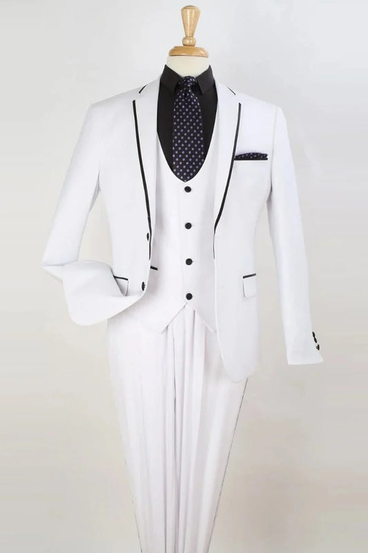 Mens Two Button Slim Fit Vested Prom Tuxedo Suit with Trim in White - Men's Tuxedo USA