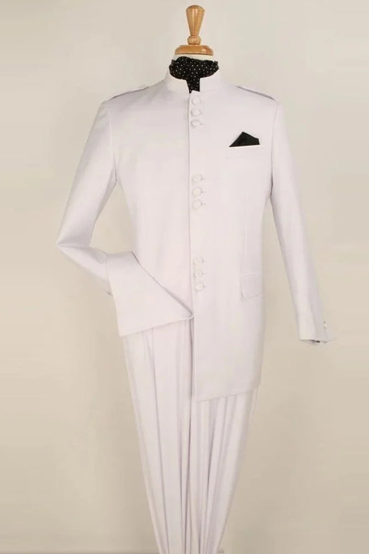 Mens Classic Military Banded Collar Mandarin Safari Suit in White - Men's Tuxedo USA