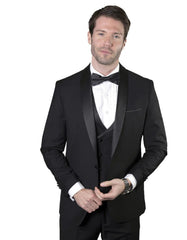 Statement Men's Black Shawl Lapel 100% Wool Vested Tuxedo - Men's Tuxedo USA