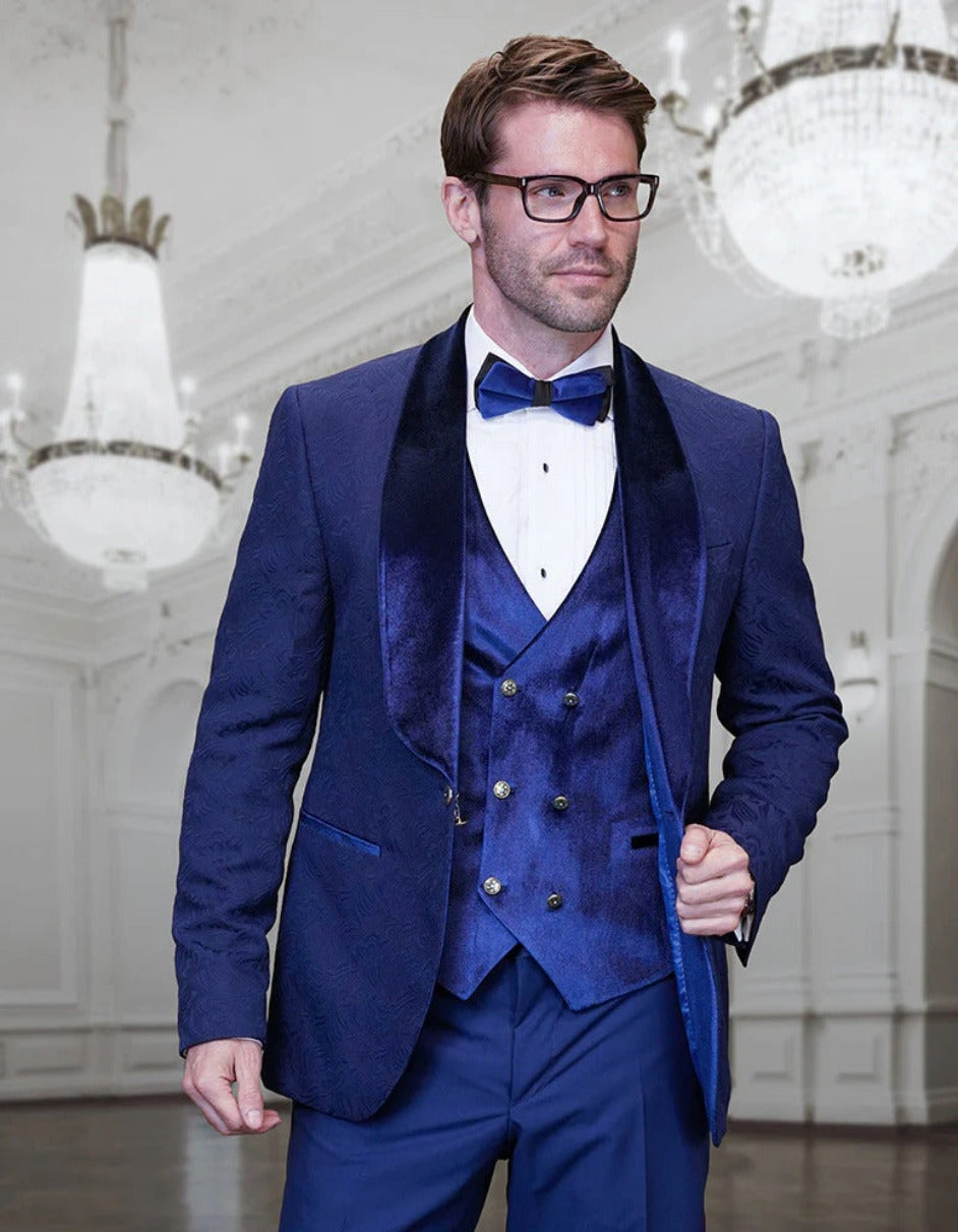 Statement Men's Sapphire Velvet Shawl Lapel Tuxedo with Velvet Vest - Men's Tuxedo USA