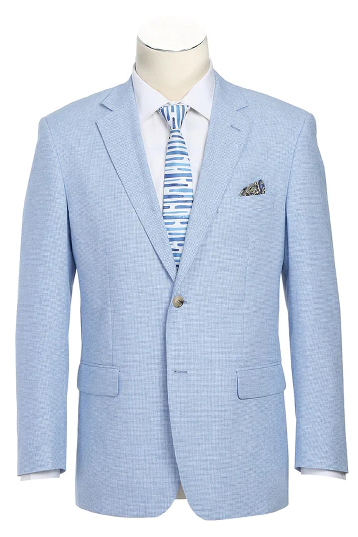 Mens Blazer - Cheap Priced Mens Sport Coat - Mens Classic Two Button Linen & Cotton Summer Sport Coat Blazer In Sky Blue Houndstooth - Men's Tuxedo USA