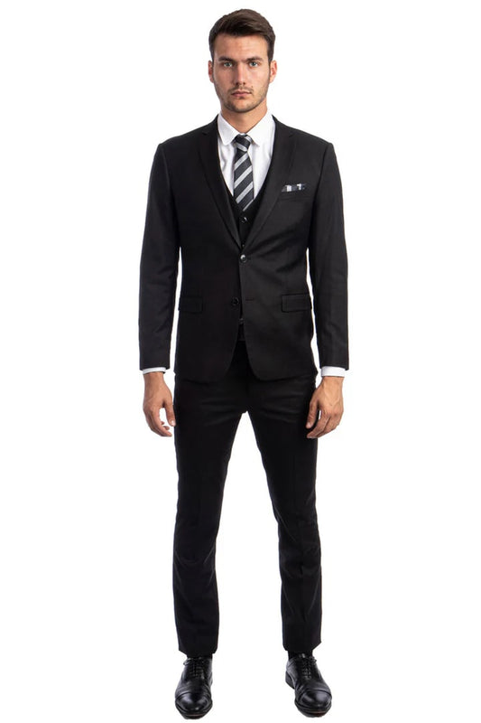 Men's Two Button Slim Fit Vested Solid Basic Color Suit in Black - Men's Tuxedo USA