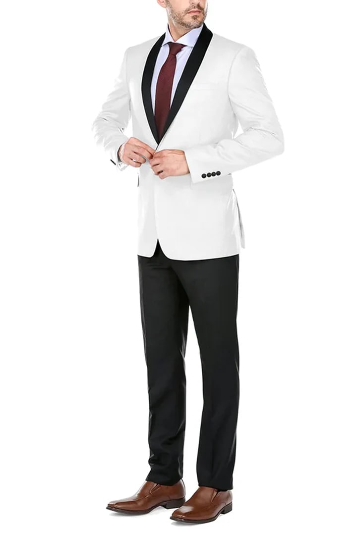 All White Mens Tuxedo -  Wedding Suit -Mens Traditional Slim Fit Shawl Collar Tuxedo In White - Men's Tuxedo USA