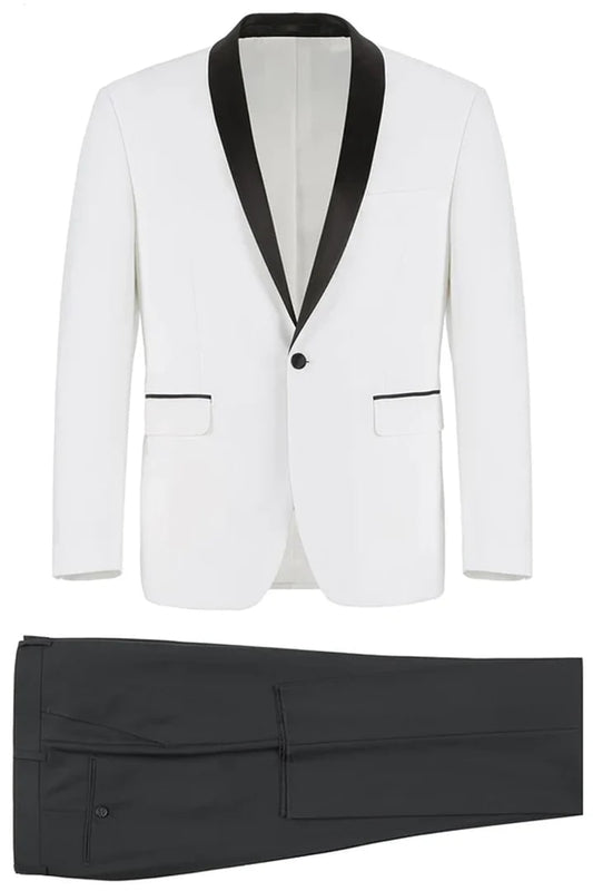 All White Mens Tuxedo -  Wedding Suit -Mens Traditional Slim Fit Shawl Collar Tuxedo In White - Men's Tuxedo USA