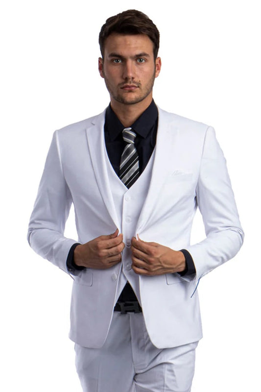 White Wedding Suit For Men - Perfect For Groom - Men's Two Button Slim Fit Vested Solid Basic Color Suit In White - Men's Tuxedo USA