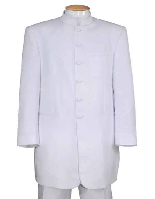 White Wedding Suit For Men - Perfect For Groom - Mens Long Mandarin Collar Zoot Suit Tuxedo In White - Men's Tuxedo USA