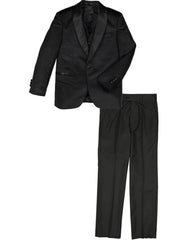 Boys One Button Vested Shawl Tuxedo in Black Geometric Print - Men's Tuxedo USA