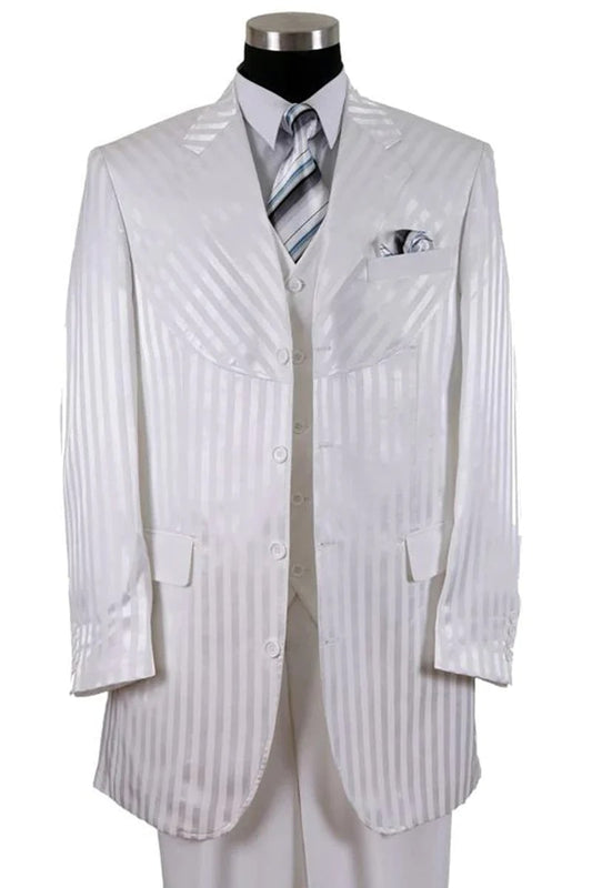 Mens 4 button Semi Wide Leg Shiny Tonal Stripe Fashion Suit in White - Men's Tuxedo USA