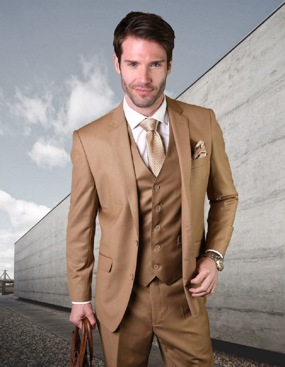 Mens 2 Button Modern Fit Vested Wool Suit in Caramel - Men's Tuxedo USA