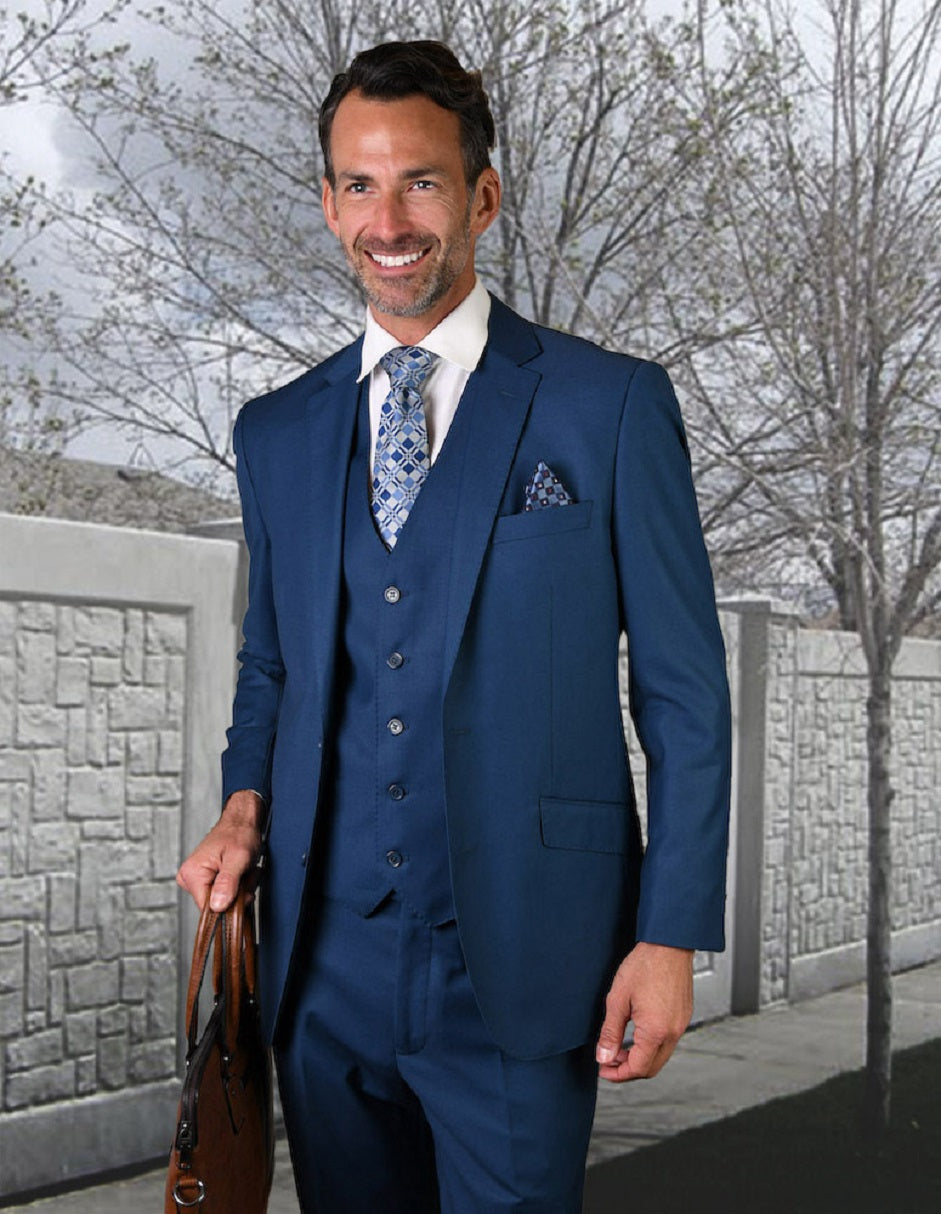 Mens 2 Button Modern Fit Vested Wool Suit in French Blue - Men's Tuxedo USA