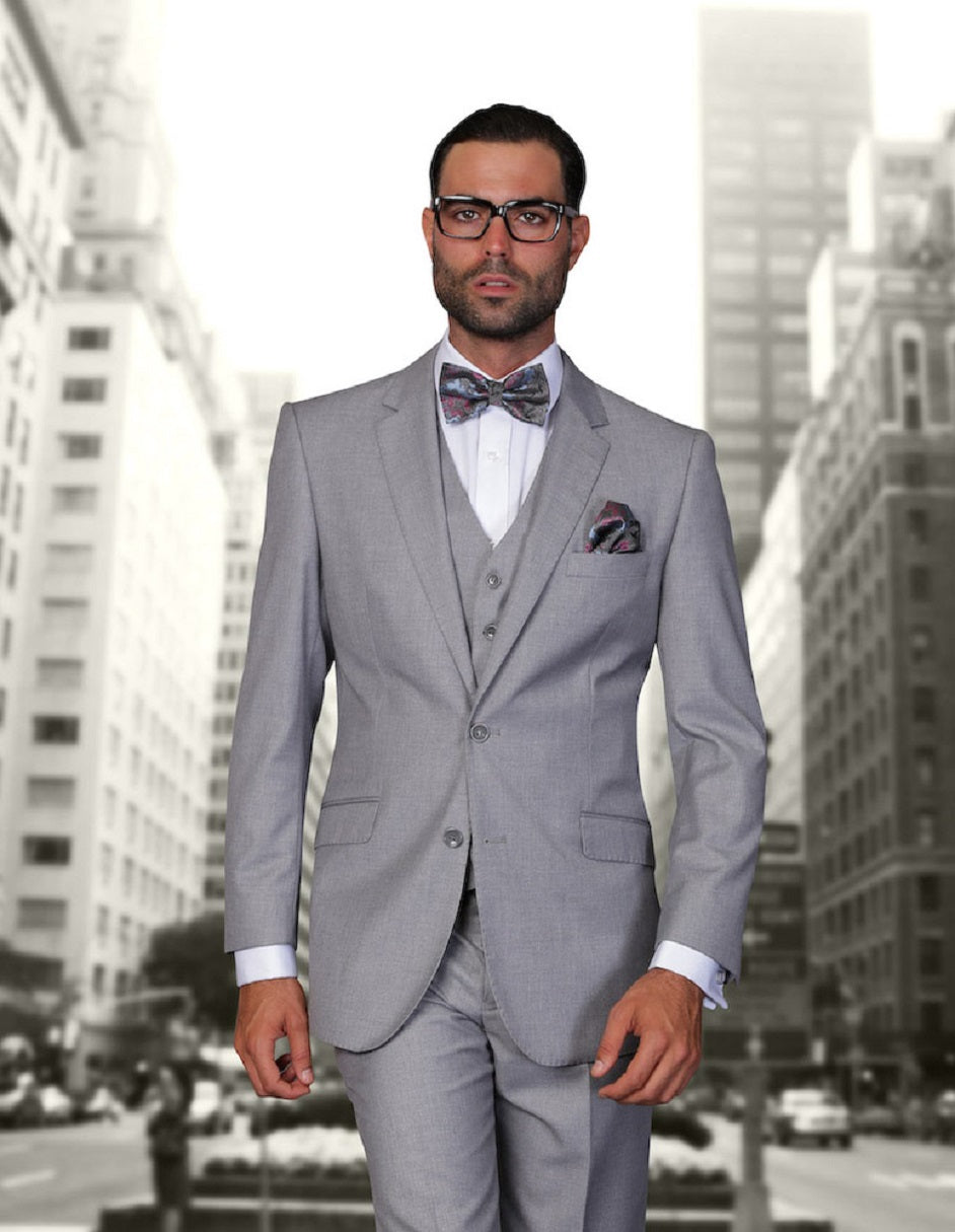 Mens 2 Button Modern Fit Vested Wool Suit in Grey - Men's Tuxedo USA