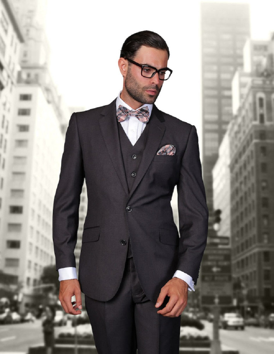 Mens 2 Button Modern Fit Vested Wool Suit in Heather Charcoal - Men's Tuxedo USA