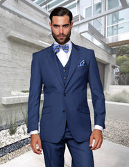 Mens 2 Button Modern Fit Vested Wool Suit in Indigo Blue - Men's Tuxedo USA