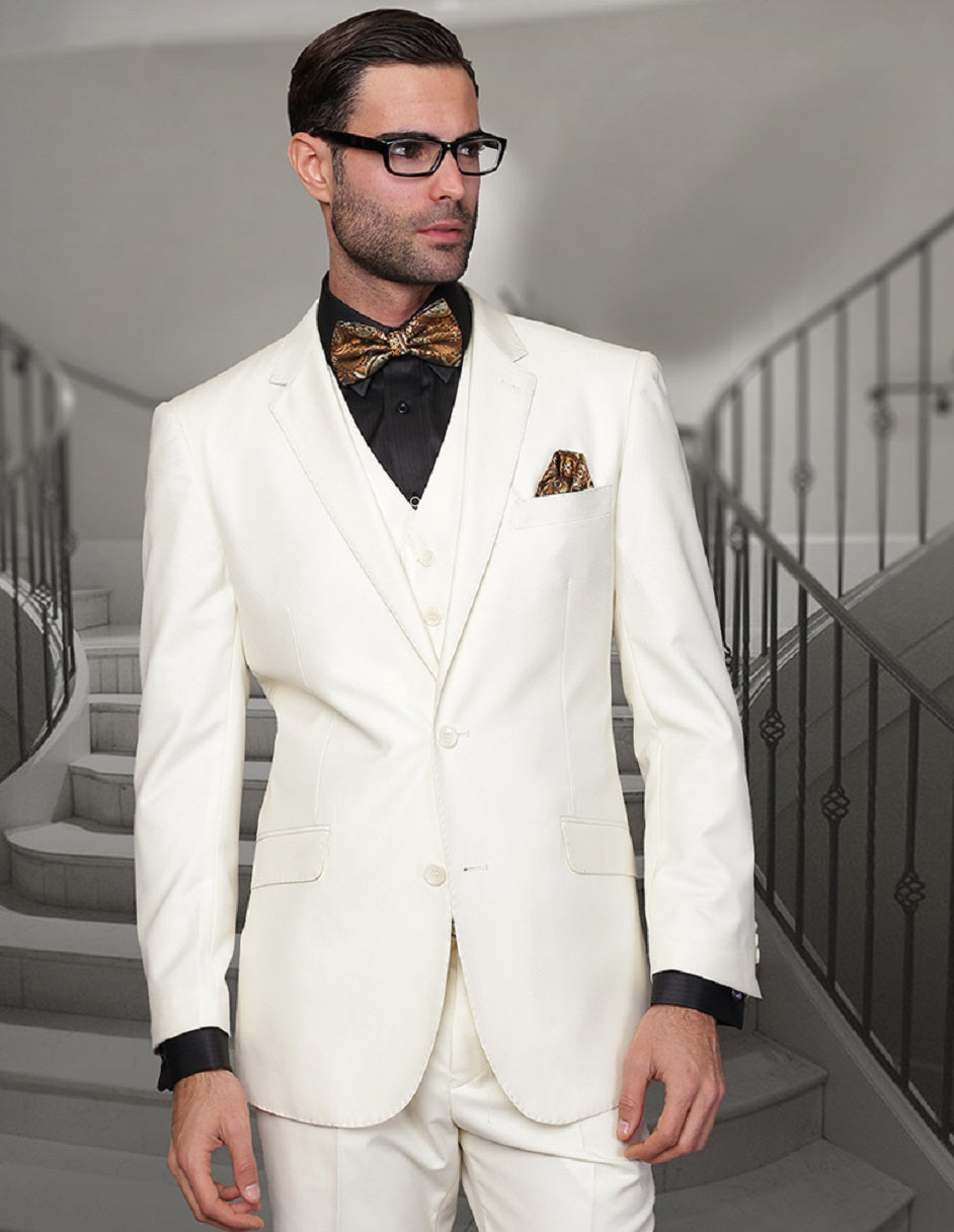 Mens 2 Button Modern Fit Vested Wool Suit in Ivory - Men's Tuxedo USA