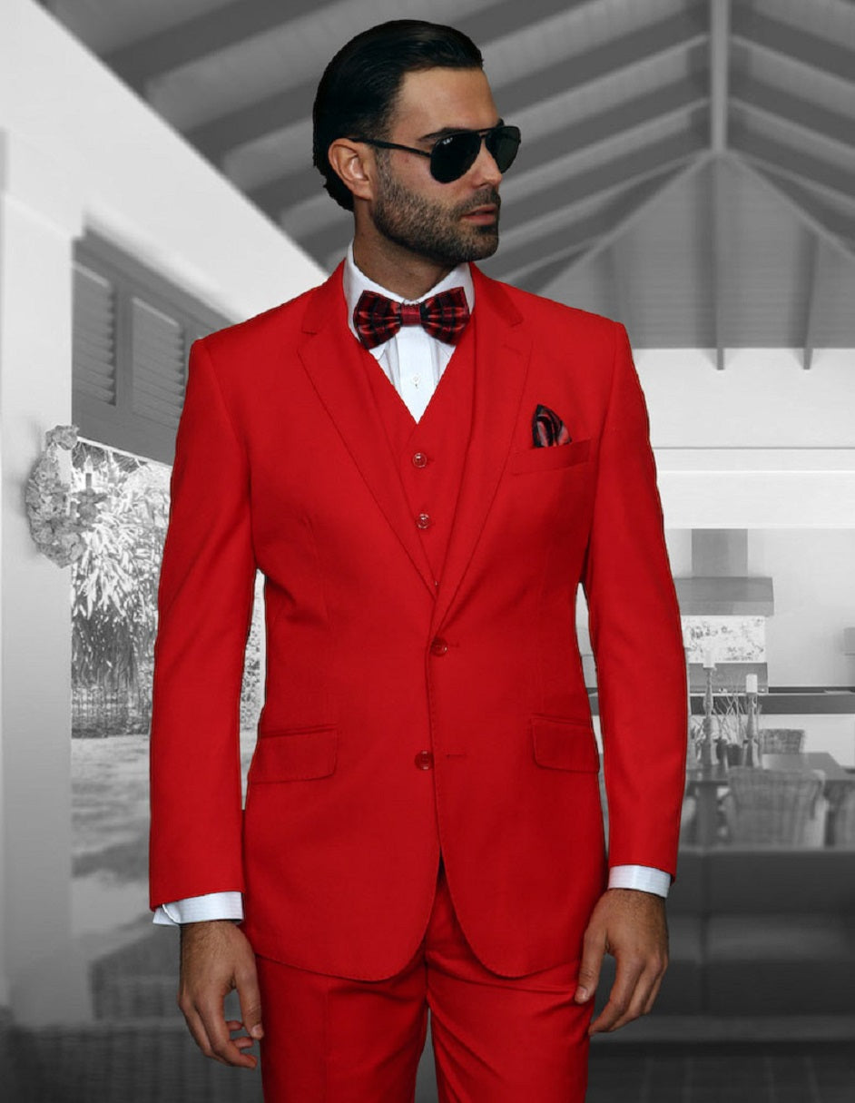 Mens 2 Button Modern Fit Vested Wool Suit in Red - Men's Tuxedo USA