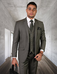 Mens 2 Button Modern Fit Vested Wool Suit in Sage Green - Men's Tuxedo USA