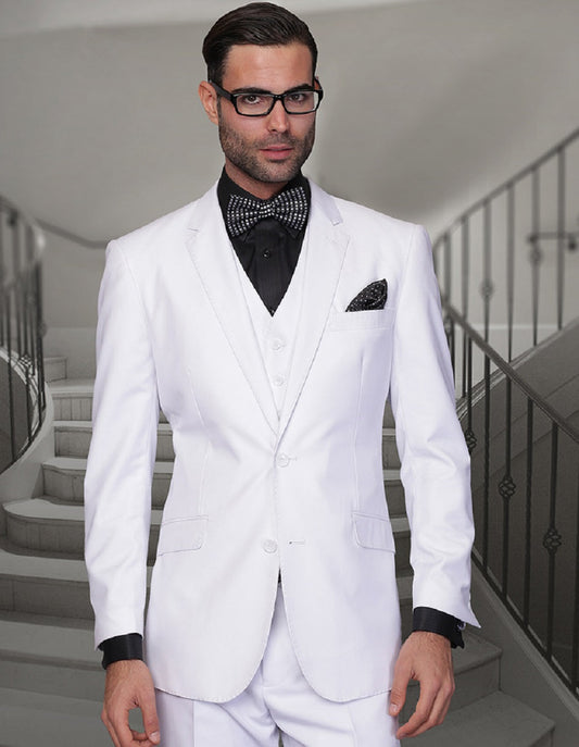 Mens 2 Button Modern Fit Vested Wool Suit in White - Men's Tuxedo USA