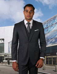 Mens 2 Button Modern Fit Vested Pick Stich Suit in Charcoal Grey - Men's Tuxedo USA