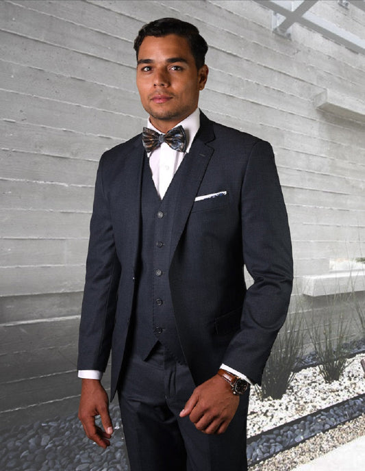 Mens 2 Button Modern Fit Vested Pick Stich Suit in Heather Charcoal - Men's Tuxedo USA