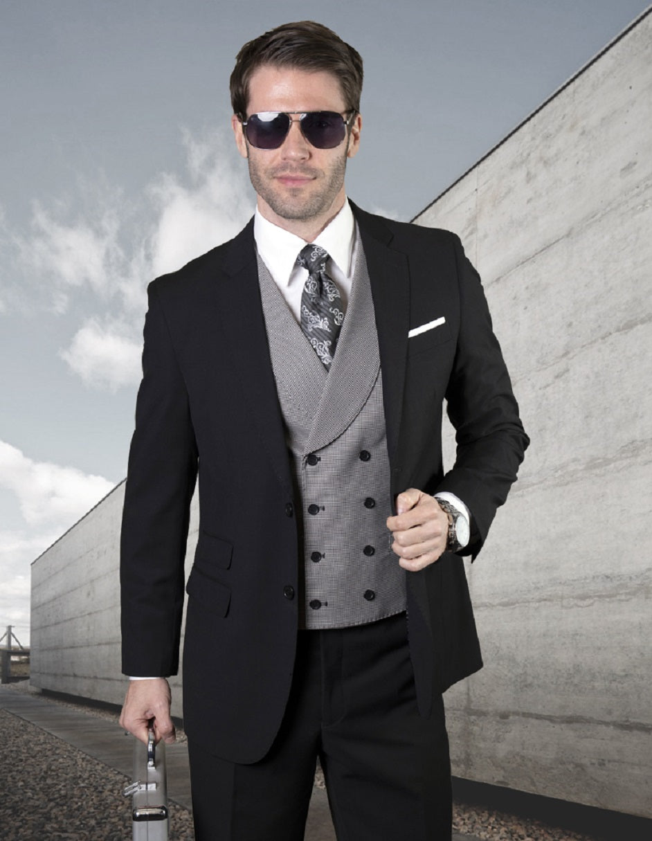 Mens 2 Button Notch Lapel Wool Suit With Double Breasted Shawl Vest in Black - Men's Tuxedo USA