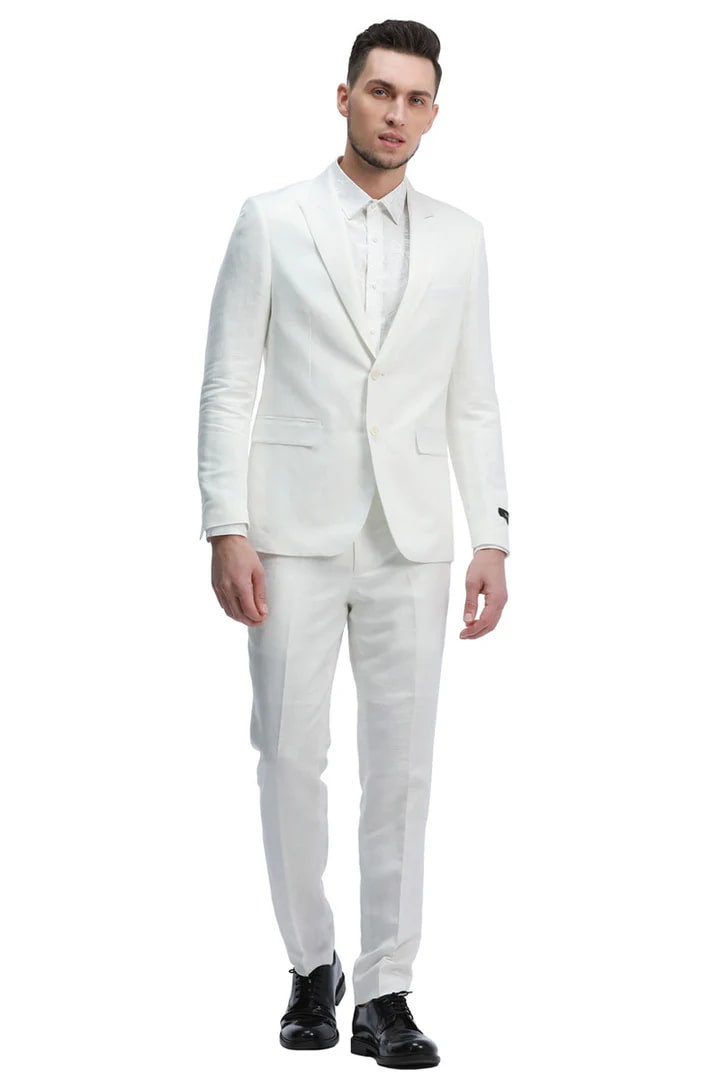 White Wedding Suit For Men - Perfect For Groom -Men's Two Button Peak Lapel Summer Linen Style Beach Wedding Suit In White - Men's Tuxedo USA