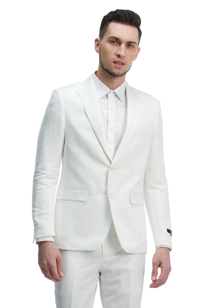 White Wedding Suit For Men - Perfect For Groom -Men's Two Button Peak Lapel Summer Linen Style Beach Wedding Suit In White - Men's Tuxedo USA