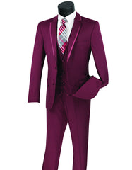 Mens 3pc Vested Slim Fit 2 Button Tuxedo in Burgundy with Satin Trim - Men's Tuxedo USA