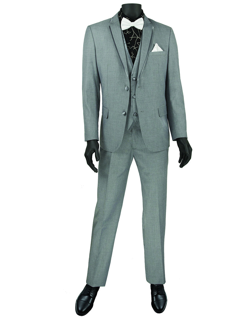 Mens 3pc Vested Slim Fit 2 Button Wedding Tuxedo in Grey with Satin Trim - Men's Tuxedo USA