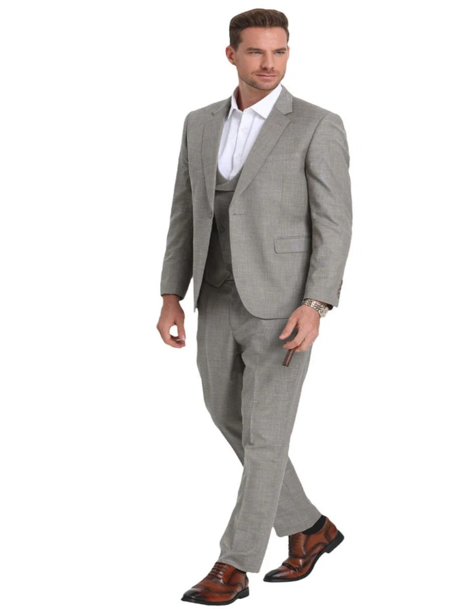 Light Grey Suit - Silver Gray Suit For Wedding - Men's One Button Double Breasted Vest Slim Fit Sharkskin Wedding Light Grey Suit - Men's Tuxedo USA