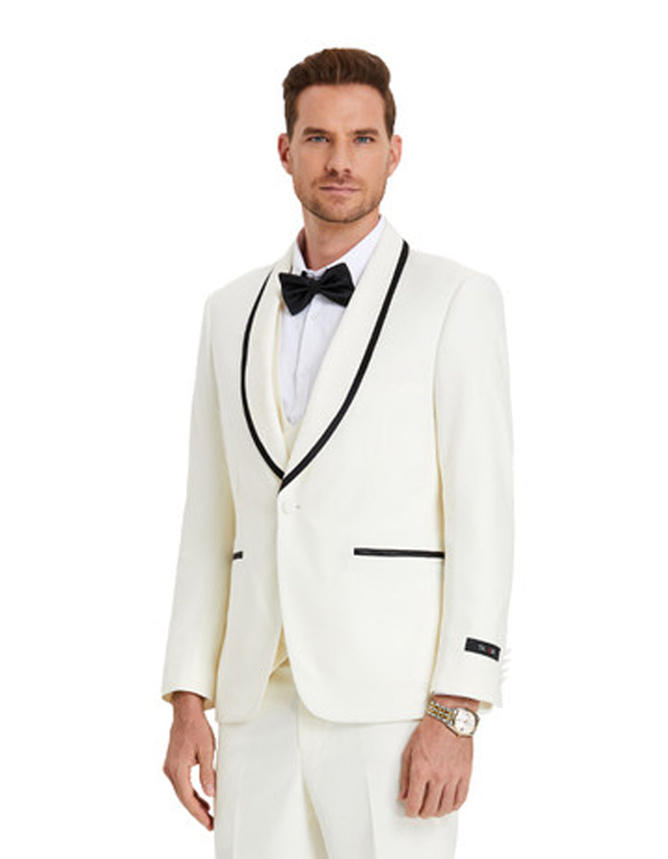 Mens Modern Fit Vested Shawl Tuxedo in Ivory with Black Trim - Men's Tuxedo USA