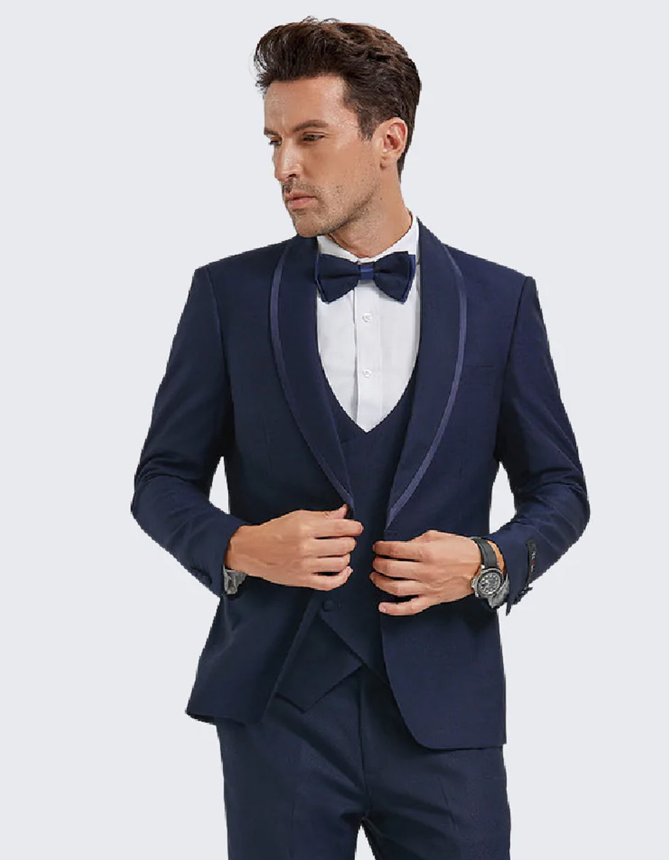 Mens Modern Fit Vested Shawl Tuxedo in Navy with Navy Trim - Men's Tuxedo USA