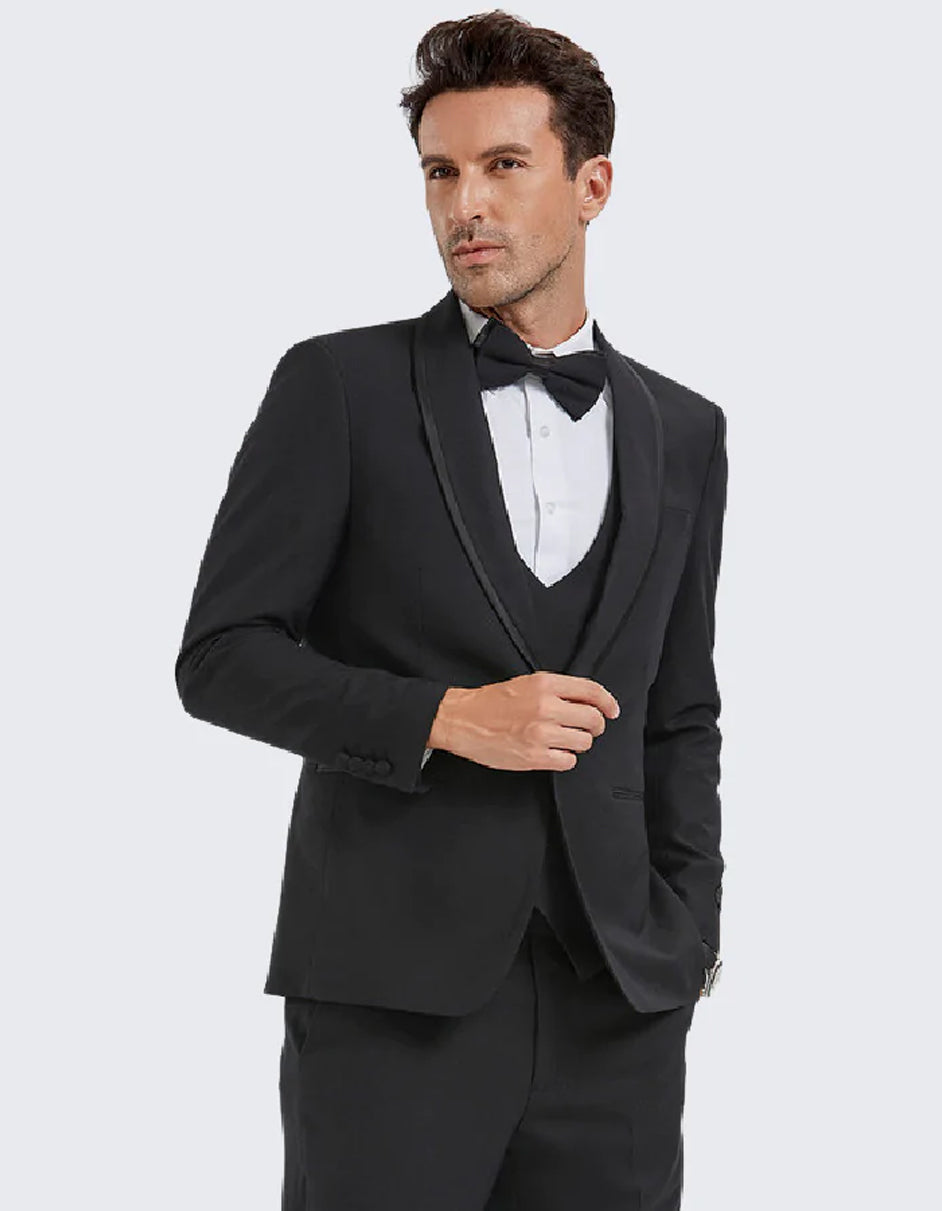 Mens Modern Fit Vested Shawl Tuxedo in Black with Black Trim - Men's Tuxedo USA