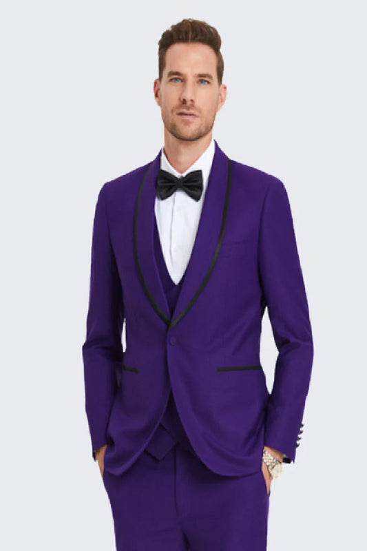 Men's One Button Vested Shawl Tuxedo in Purple Birdseye with Black Satin Trim - Men's Tuxedo USA