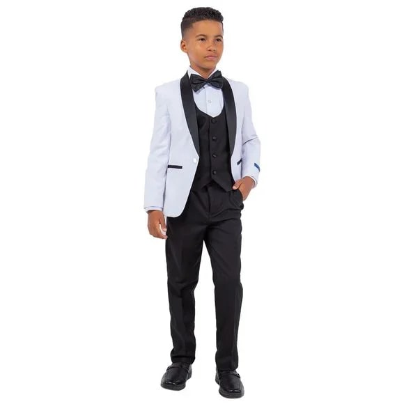 New Perry Ellis Boys White Tuxedo Set, Solid 5-Piece Black Shawl Collar - Men's Tuxedo USA