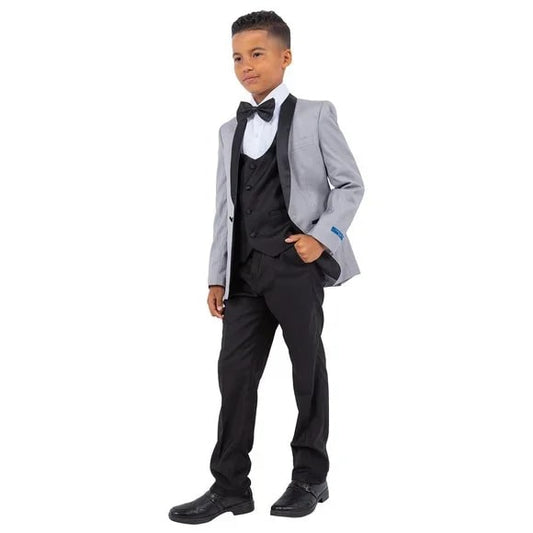 New Perry Ellis Boys Light Gray Tuxedo Set, Solid 5-Piece Black Shawl Collar - Men's Tuxedo USA