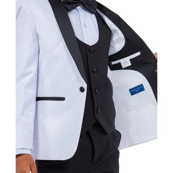 New Perry Ellis Boys White Tuxedo Set, Solid 5-Piece Black Shawl Collar - Men's Tuxedo USA