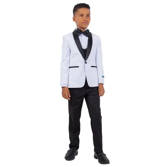 New Perry Ellis Boys White Tuxedo Set, Solid 5-Piece Black Shawl Collar - Men's Tuxedo USA