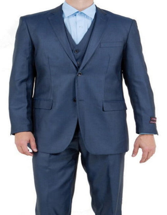 Mens Shiny Blue Sharkskin 3 Piece Single Breasted Suit - Men's Tuxedo USA